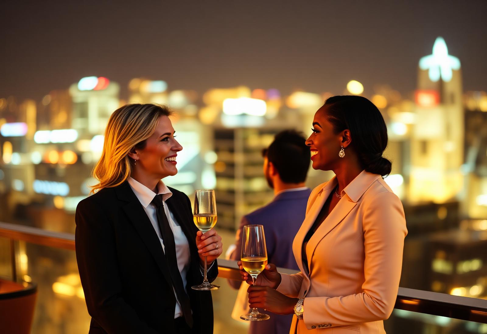 Two professionals speaking on a rooftop overlooking city lights